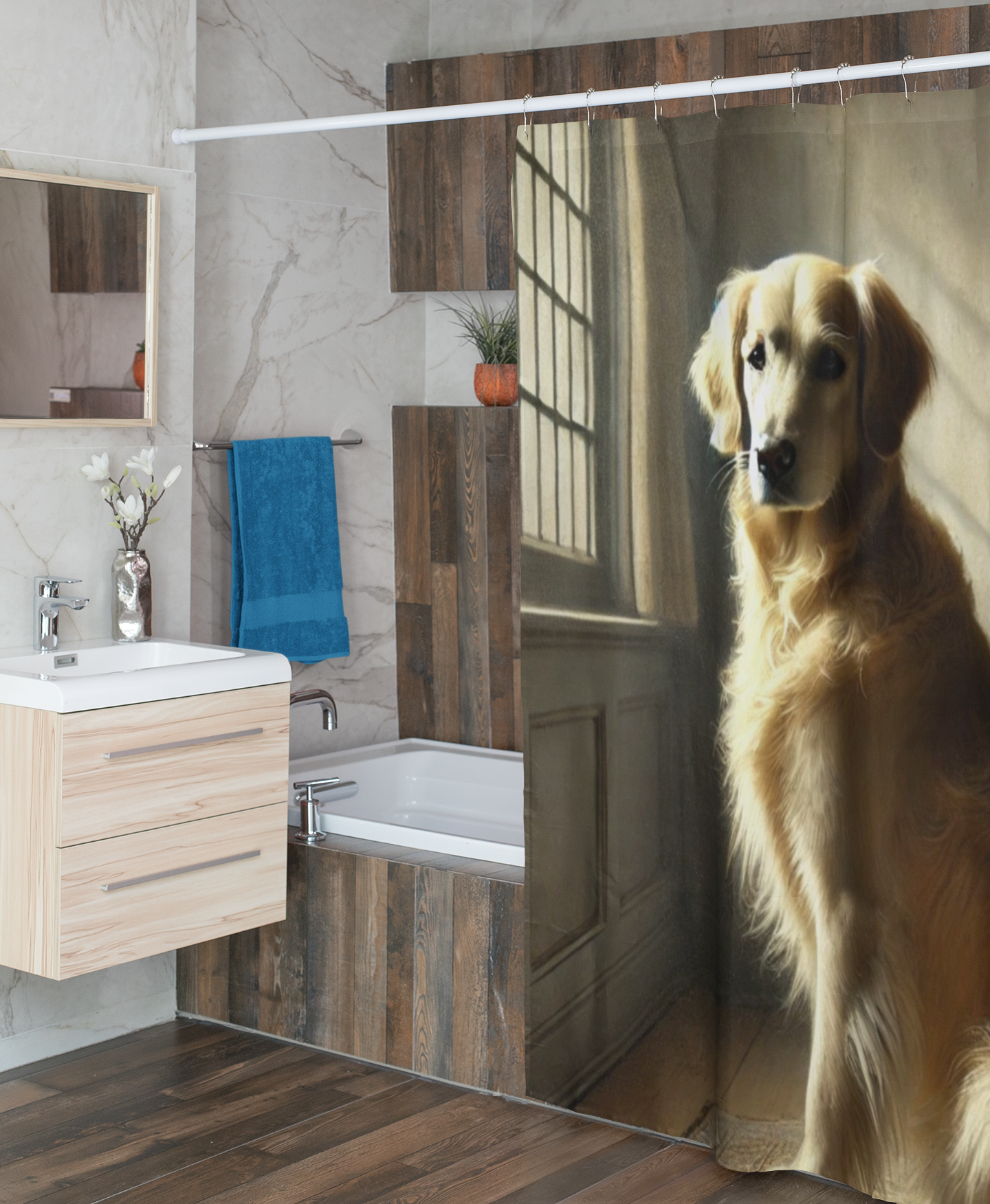 Golden Retriever Renaissance Shower Curtain – Elegant Dog Art Bathroom Decor
