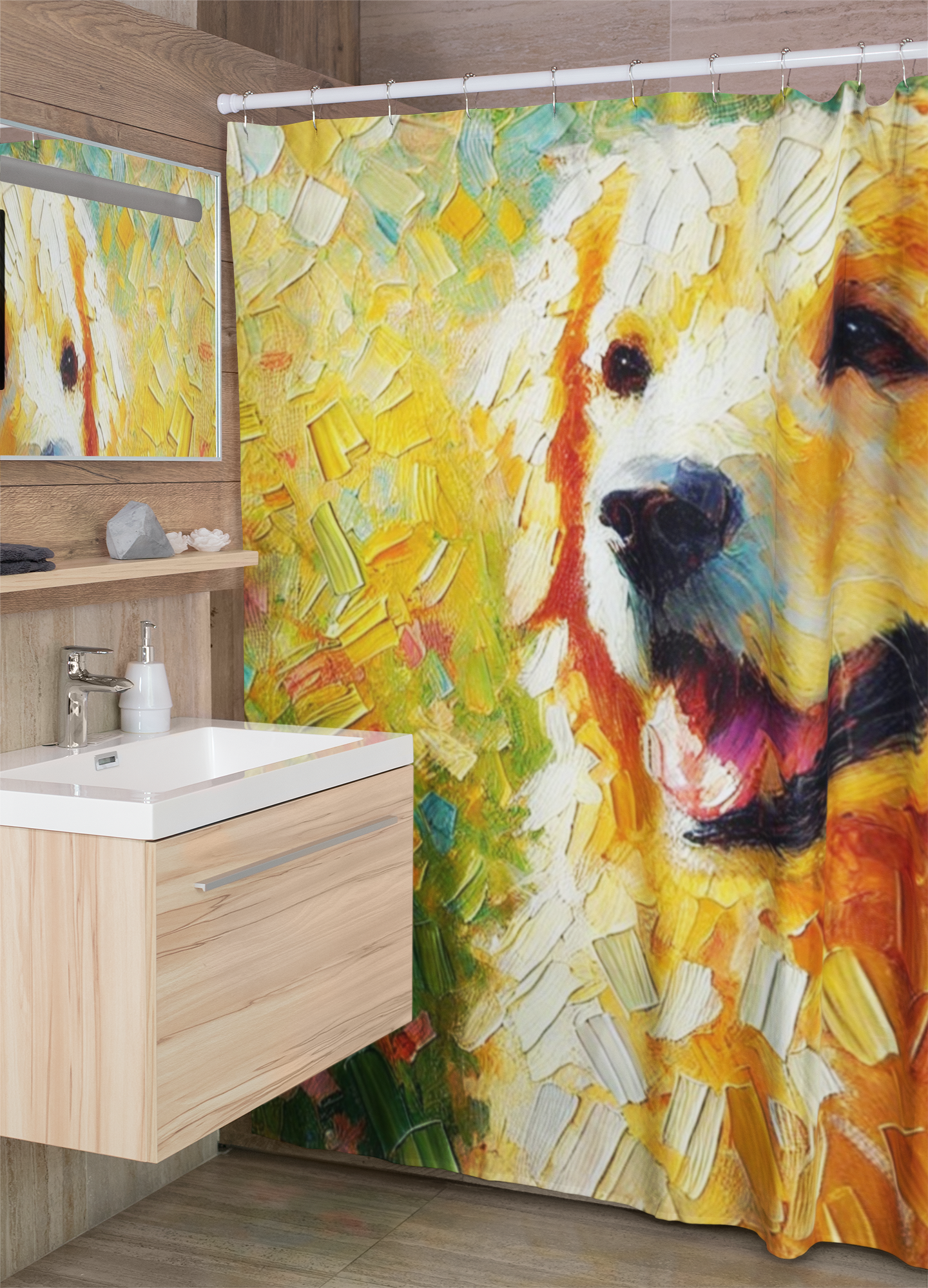 Golden Retriever Impressionist Shower Curtain – Colorful Dog Art Bathroom Decor