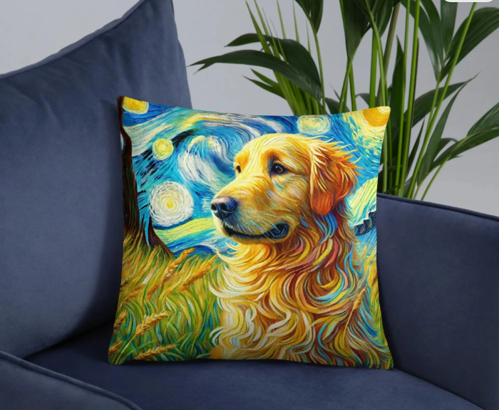 Golden Retriever Starry Night Pillow – Van Gogh Inspired Dog Art Decorative Cushion with Insert
