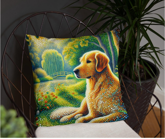 Golden Retriever Pointillism Pillow – Colorful Dog Art Decorative Cushion with Insert