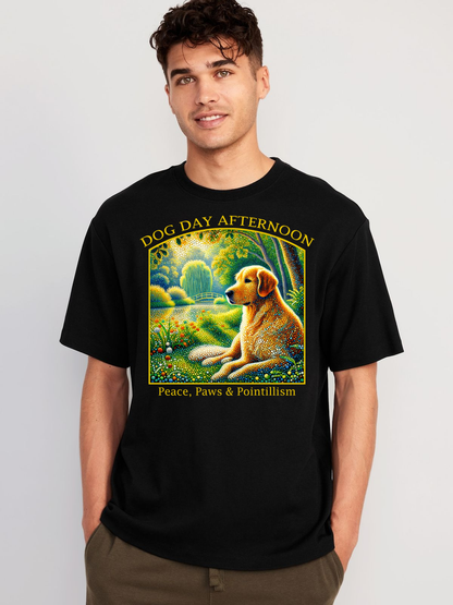 Dog Day Afternoon Golden Retriever Cotton T-Shirt – Peace, Paws & Pointillism Art Tee