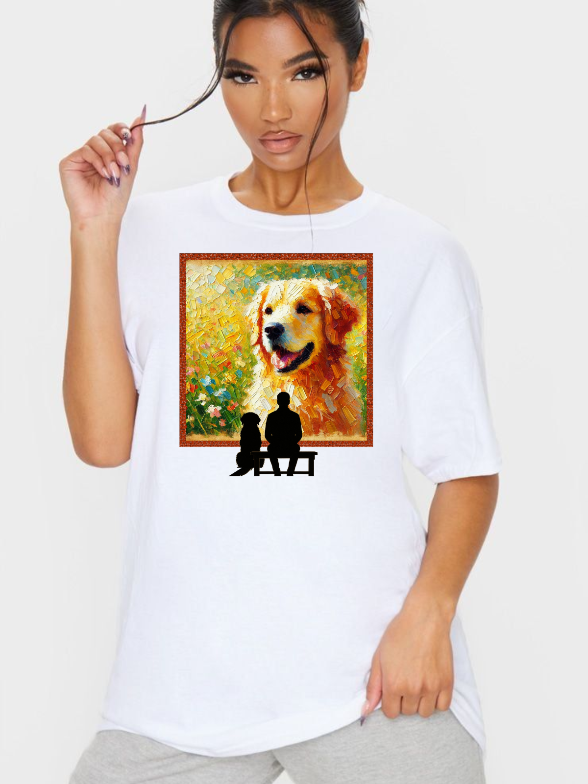 Golden Retriever Art T-Shirt – Dog Lover Cotton Tee with Bench Silhouette Design