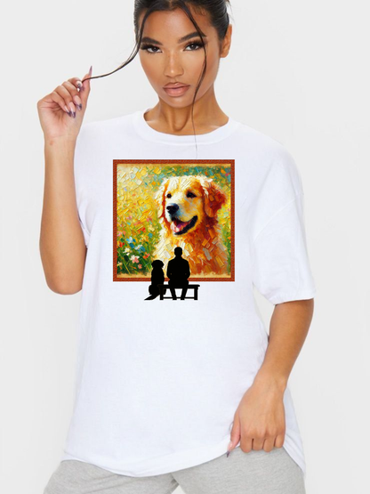 Golden Retriever Art T-Shirt – Dog Lover Cotton Tee with Bench Silhouette Design