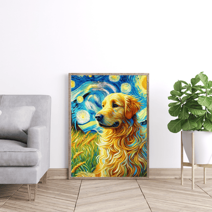 Golden Retriever Starry Night Framed Canvas – Van Gogh Inspired Dog Art Wall Décor