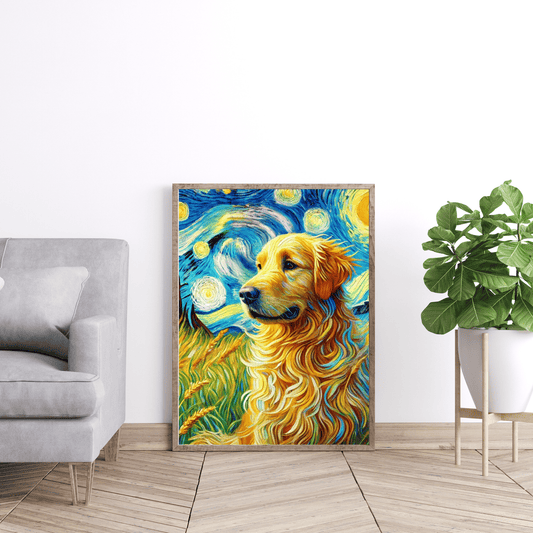 Golden Retriever Starry Night Framed Canvas – Van Gogh Inspired Dog Art Wall Décor