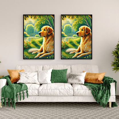 Golden Retriever Landscape Framed Canvas – Pointillism Style Dog Art Wall Décor
