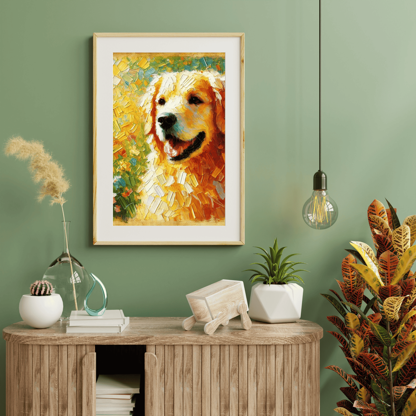 Golden Retriever Framed Canvas – Colorful Impressionist Dog Portrait Wall Art