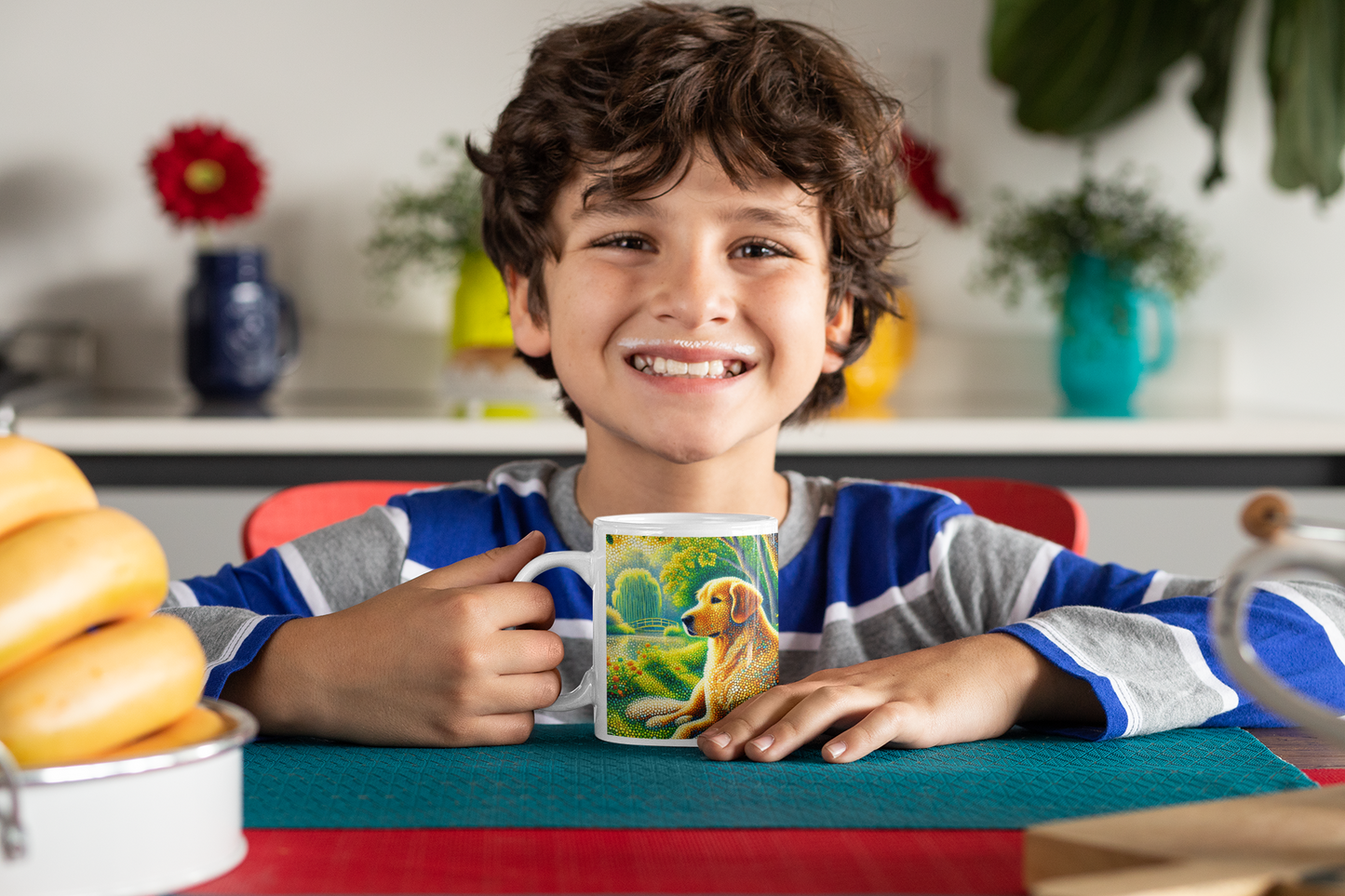 Golden Retriever Pointillism Mug – Artistic Dog Landscape Ceramic Coffee Cup (11oz, 15oz, 20oz)