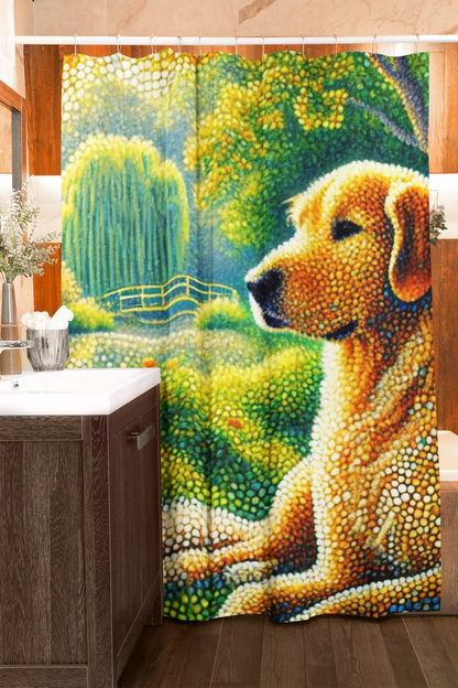 Golden Retriever Pointillism Shower Curtain – Colorful Dog Art Bathroom Decor