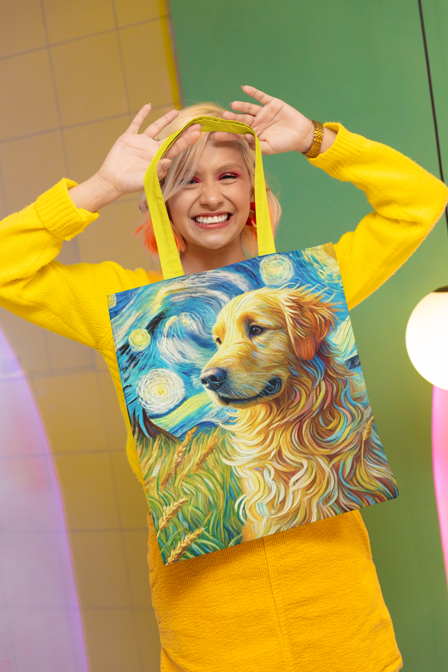 Golden Retriever Starry Night Tote Bag – Van Gogh Inspired Dog Art, Durable Polyester Carryall
