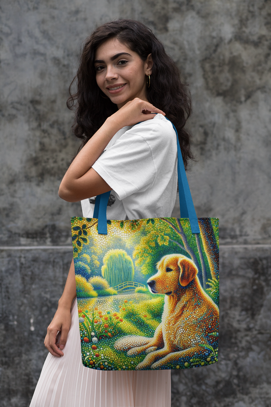 Golden Retriever Pointillism Tote Bag – Artistic Dog Landscape Design, Durable Polyester Carryall